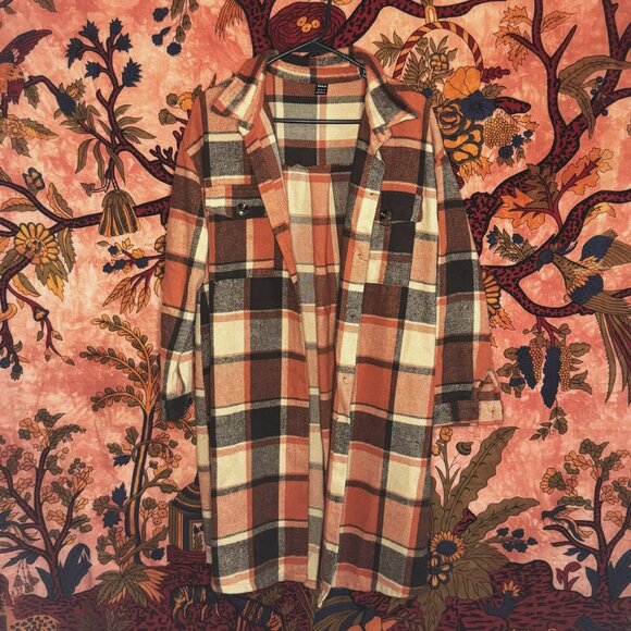 Long Fall Colors Flannel Coat - Picture 1 of 4